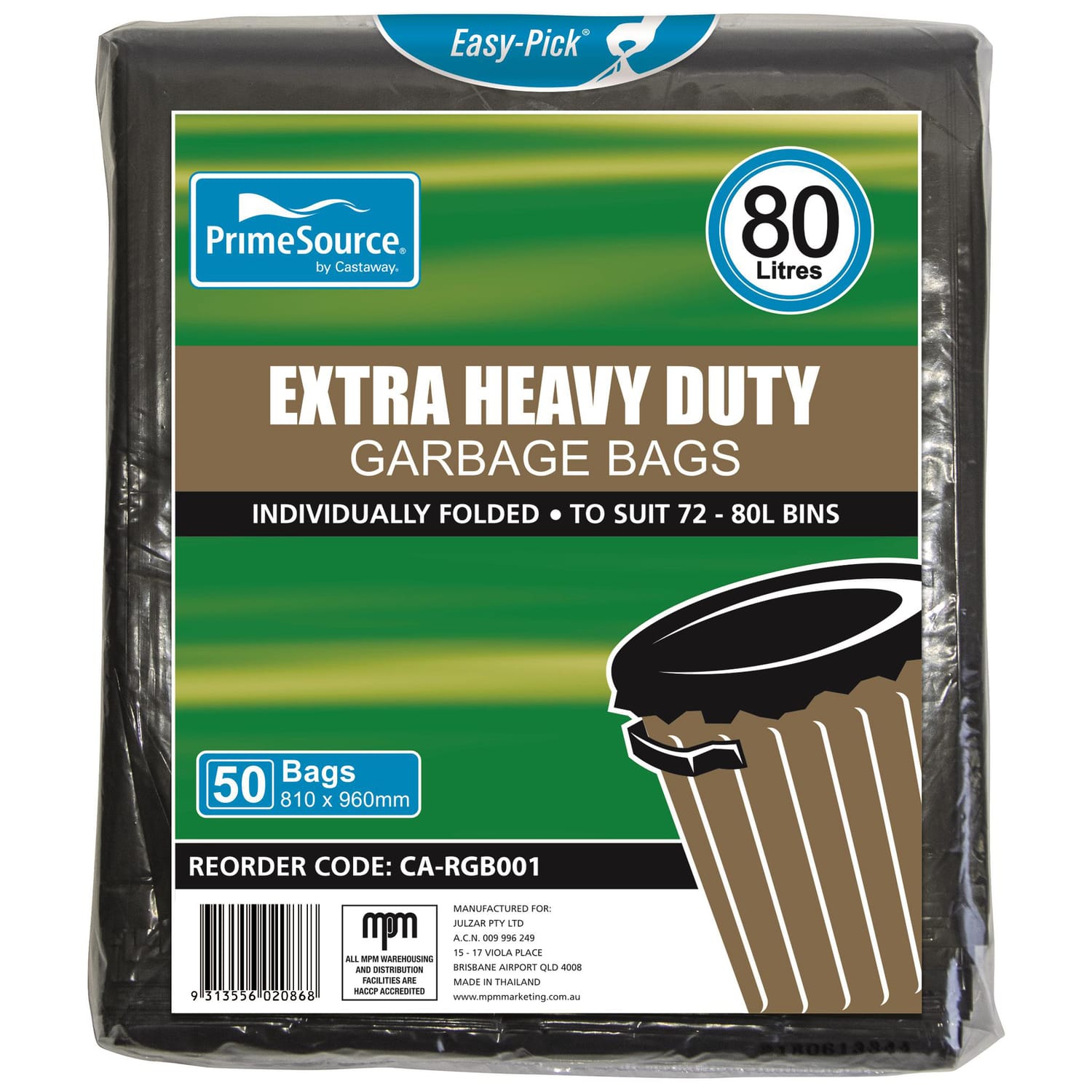 Castaway Garbage Bags Heavy Duty EasyPick Black 728l 50s Impact