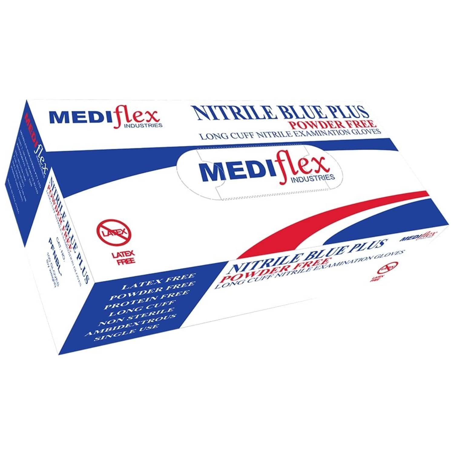Mediflex Nitrile Blue Plus Powder Free Long Cuff Medium Nitrile Gloves