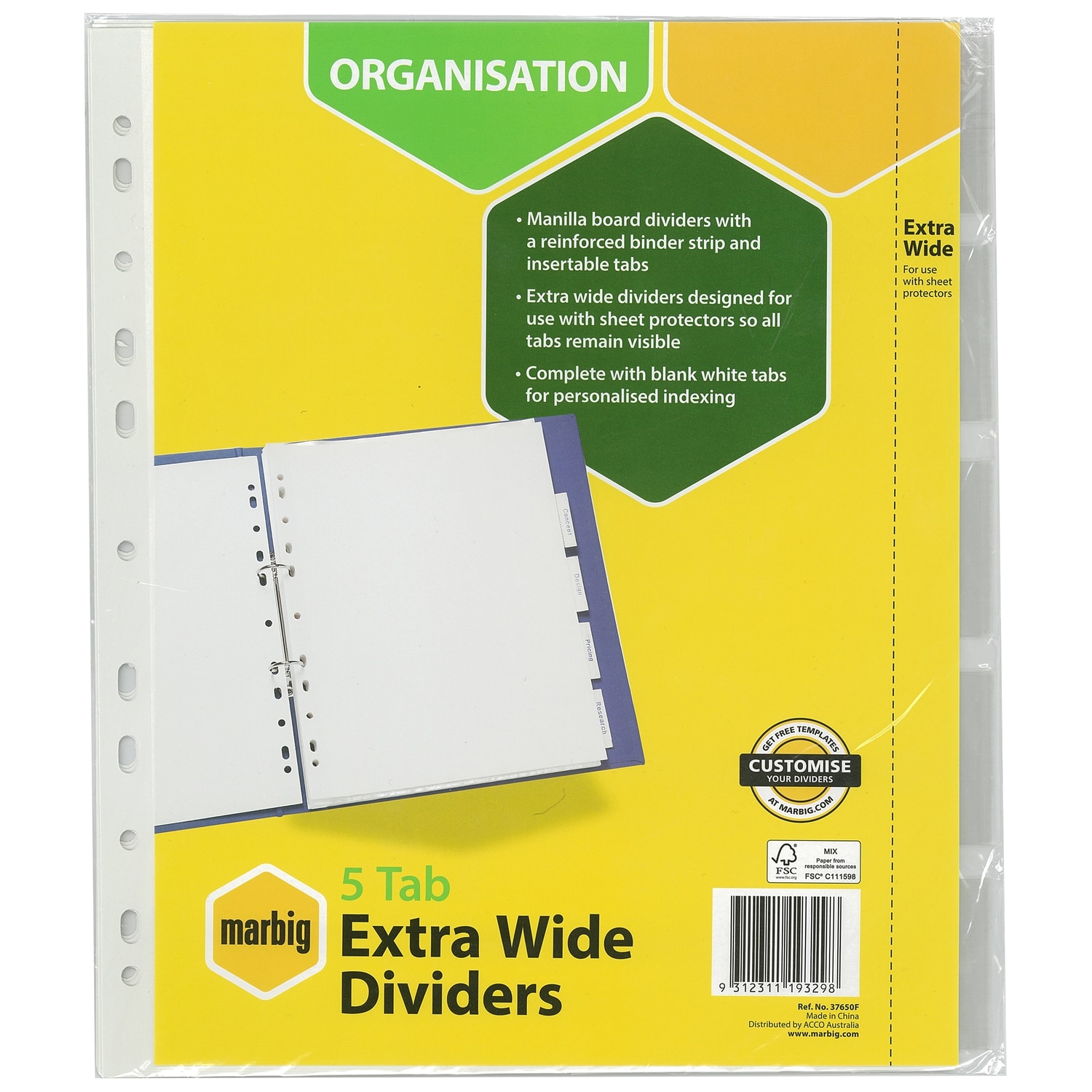 Marbig Indices & Dividers 5 Insert Tab Extra Wide A4 White - Impact