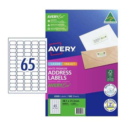 Premium Address Labels with AveryEco 38.1 x 21.2mm (6500 Labels / 100 ...